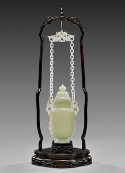 Jade Hanging Double Chained Chinese Vase and lid, John Neville Cohen