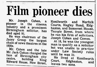 Joseph Cohen Press cutting - Film Pioneer Dies.   John Neville Cohen
