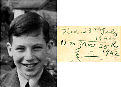 A photo of Peter with a note of his death kept by my Grandparents. John Neville Cohen