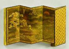 A togidashi Kobako in the form of a six fold screen showing a landscape with a pine tree, beside a turbulent lake, below the setting sun.   Japan, 19th century.  Dimensions: 11.8cm x 8cm x 2cm.  Signed: Unsigned.  Provenance: Sotheby's 1973.  Published: Item 361 'In Search of Netsuke and Inro' by George A. Cohen.