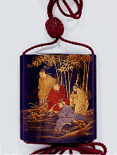 A three case togidashi Inro with the seven sages of the bamboo Signed: Shiomi Masanari in seal form and Kajikawa saku in kanji.  