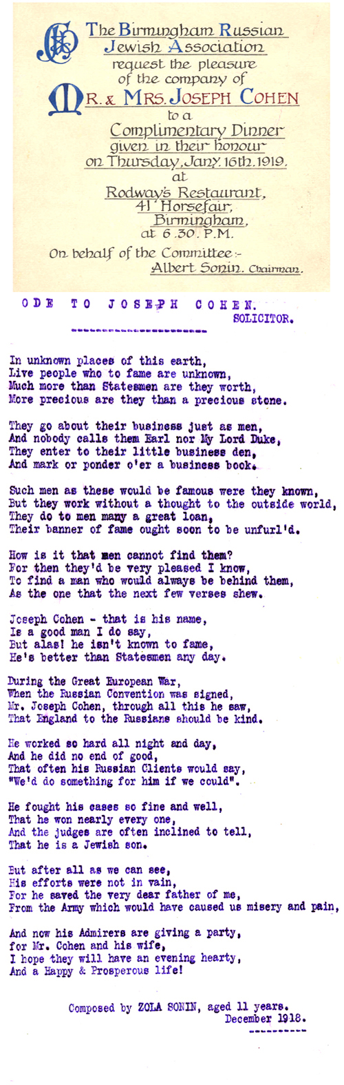 A Dinner to honour Mr & Mrs Joseph Cohen in 1919 and an ode written about Joseph Cohen. John Neville Cohen   