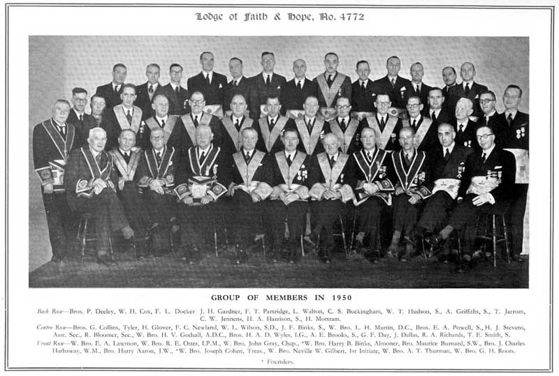 Photo of the members 1950, Founder W. Bro. Joseph Cohen is 4th from the right, front row. 