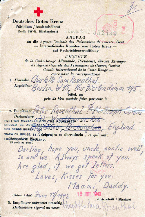 The last note from Peter's parents. They did not survive the war.  John Neville Cohen