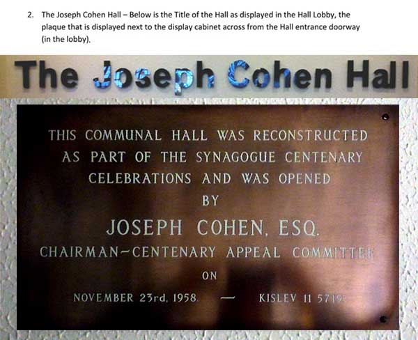 The Joseph Cohen Communal Hall plaque.  John Neville Cohen