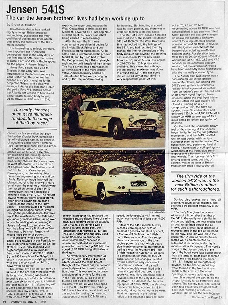 Article featuring John's Jensen 541S, Autoweek 5th July 1982
