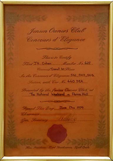 Overall First Place Certificate of The Jensen Owners Club Awarded to John Neville Cohen 1979 