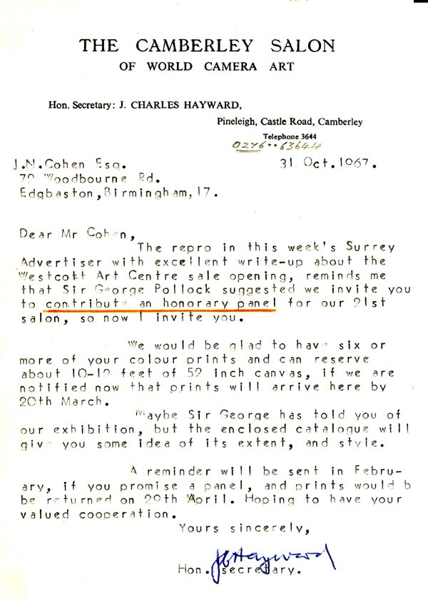 Honorary Panel,&nbsp;The Camberley Salon, Invitation 31st October 1967