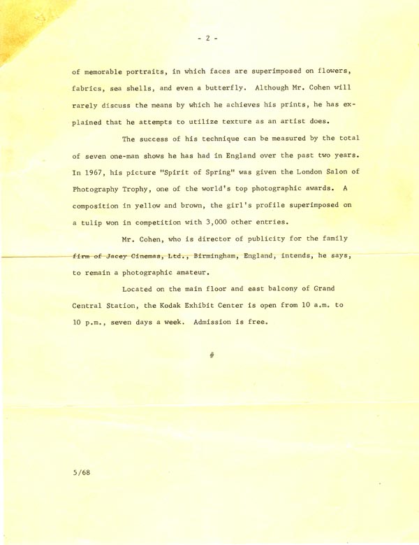 Eastman Kodak Press Release about John Neville Cohen.