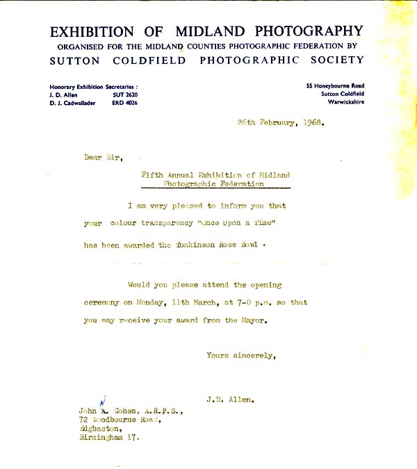 5th Annual Exhibition of Midland Photography, Tomkinson 26th February 1968Rose Bowl Award, 