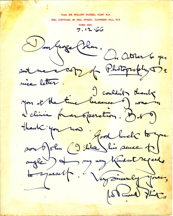 A letter from Sir William Russell Flint R.A. to my Father wishing me Good Luck with my photography..