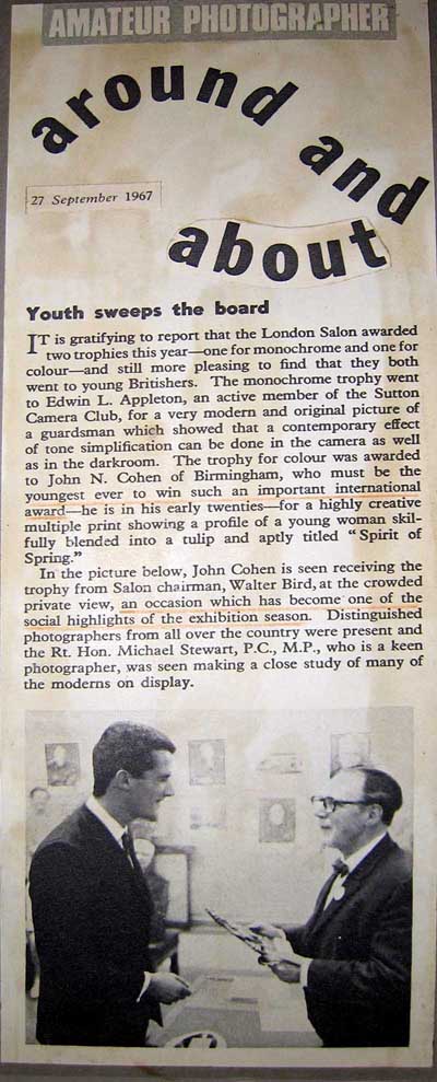 Report about John Neville Cohen receiving The London Salon Trophy, first time ever for a colour picture