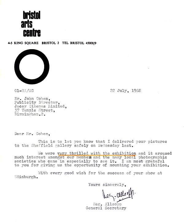 One Man Exhibition by John Neville Cohen, at The Bristol Arts Centre, Letter from Reg. Allsopp 22nd July 1968