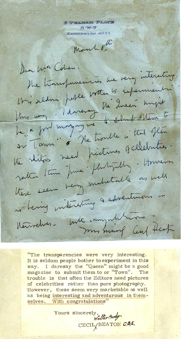 Letter from Cecil Beaton C.B.E. about John Neville Cohen's Photography