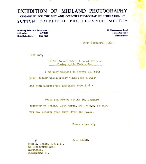 5th Annual Exhibition of Midland Photography, Tomkinson 26th February 1968Rose Bowl Award, 