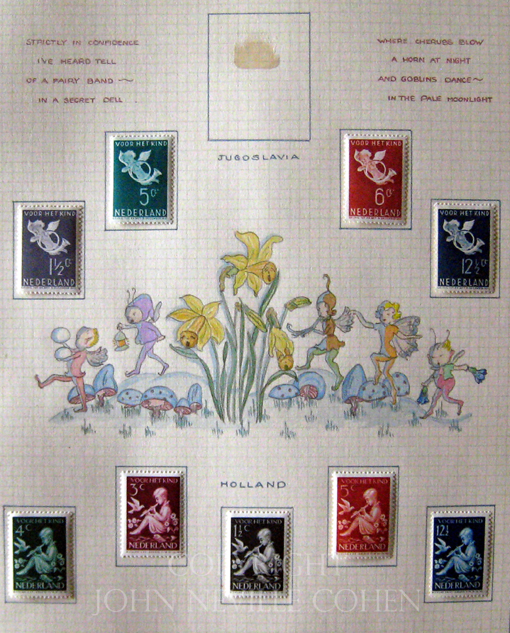 Fairy and flowers painting, for a postage stamp collecting album