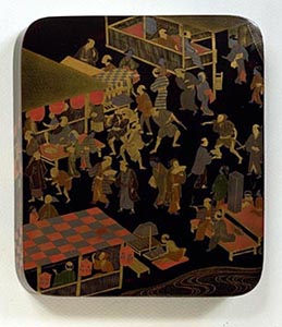 togadashi box, depicting a busy street market scene.