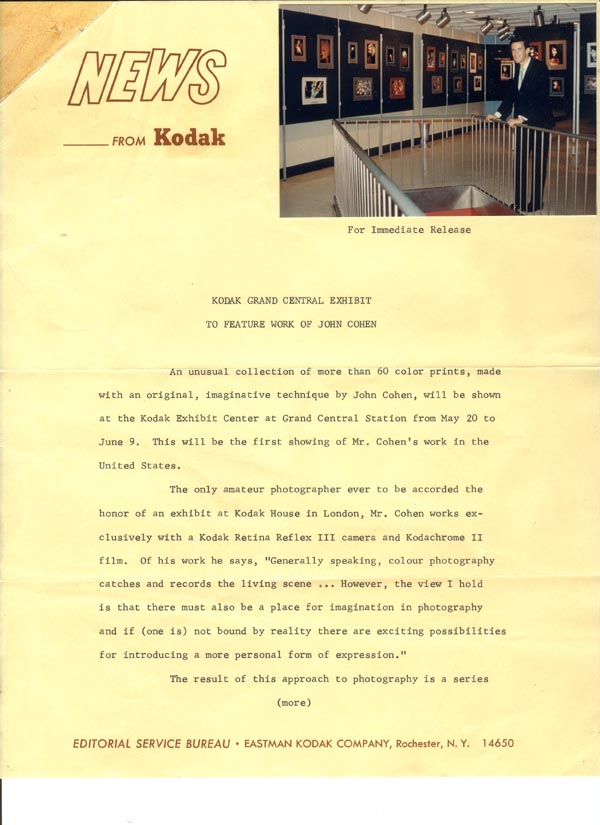 Eastman Kodak Press Release about John Neville Cohen's one man exhibitions
